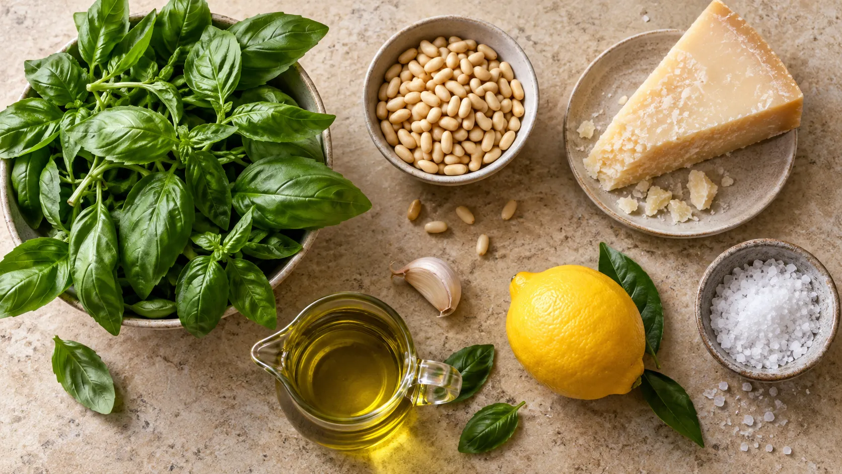 Zutaten für Keto-Pesto: frisches Basilikum, Pinienkerne, ein Stück Parmesan, eine Knoblauchzehe, Olivenöl, Zitrone und grobes Salz