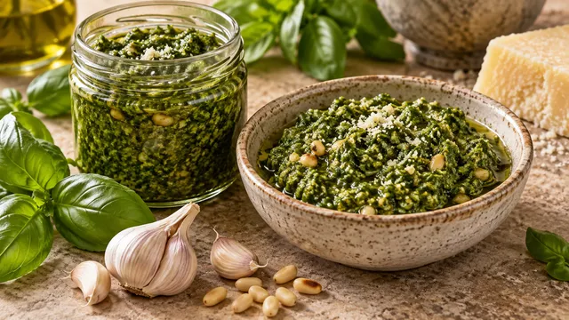 Kräftig grünes Keto-Pesto in einem Glas, mit einer Schicht Olivenöl bedeckt, daneben Basilikumblätter und ein Stück Parmesan