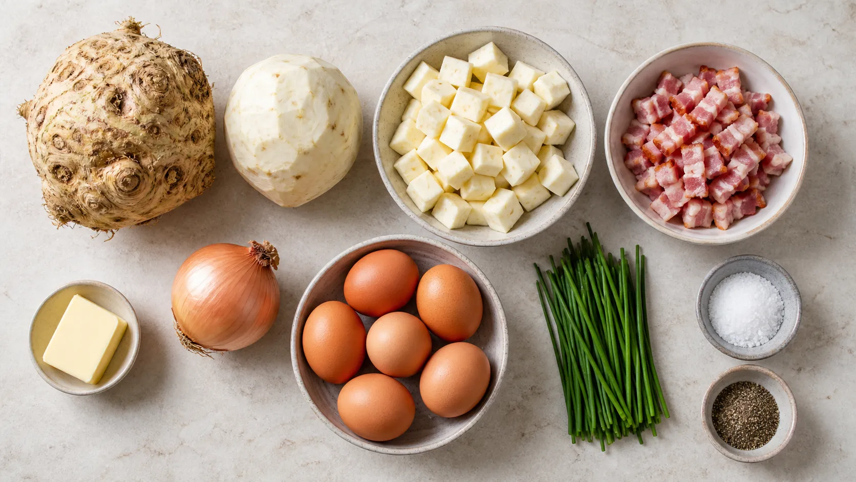 Zutaten für Keto-Bauernfrühstück mit Knollensellerie, Speck, Eiern, Zwiebel, Butter und Schnittlauch