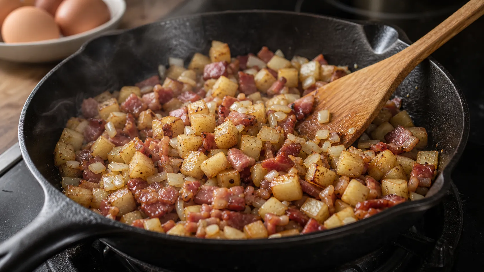 Knollensellerie und Speck braten für Keto-Bauernfrühstück goldbraun in einer gusseisernen Pfanne