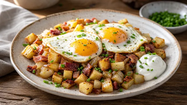 Keto-Bauernfrühstück mit Knollensellerie, Speck, Zwiebeln und Spiegelei in einer rustikalen Pfanne