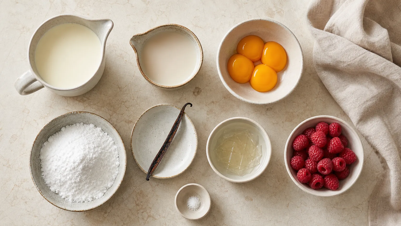 Zutaten für Keto Bayerische Creme: Sahne, Mandeldrink, Eigelb, Vanilleschote, Erythrit und Gelatine
