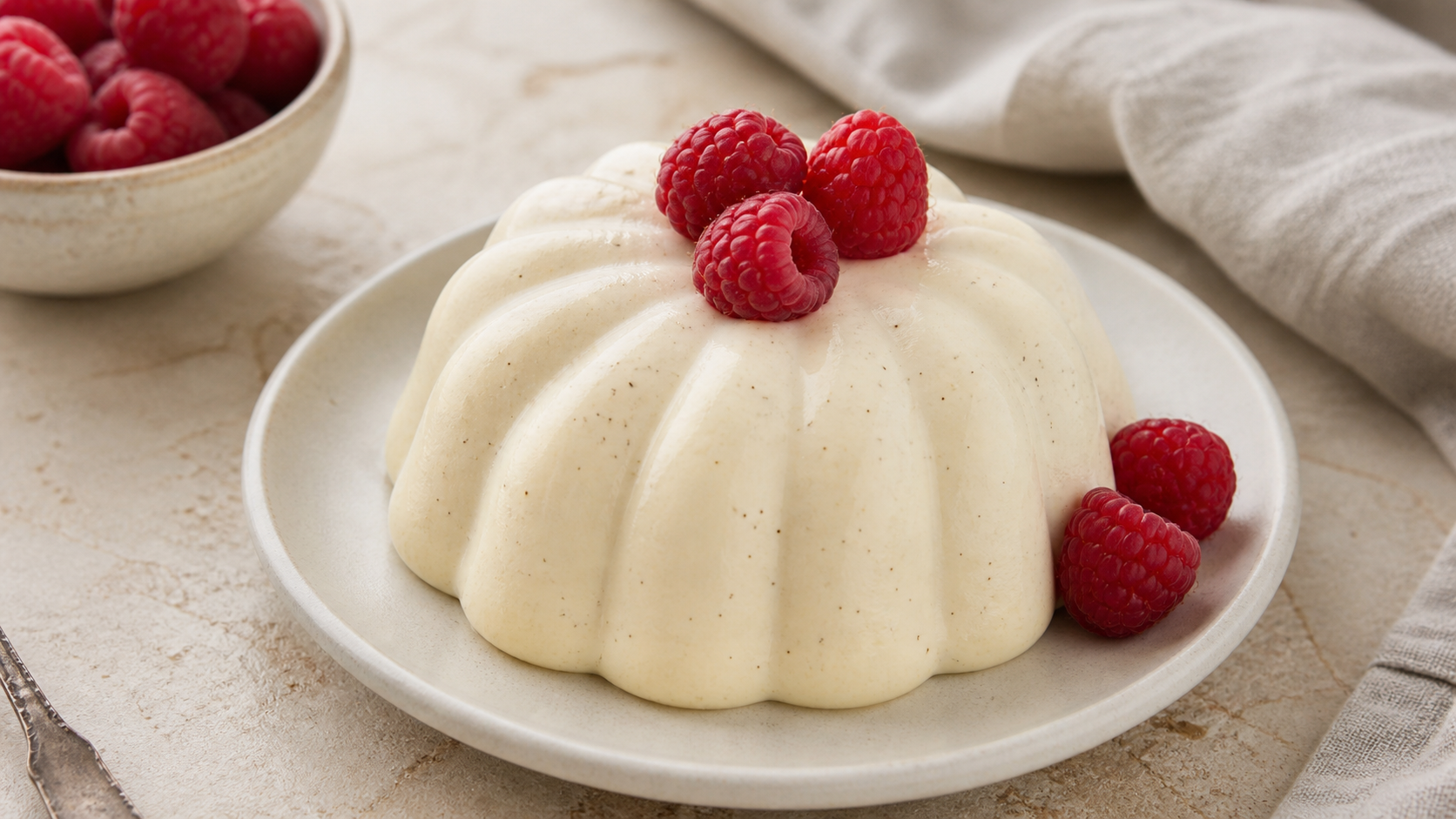 Gestürzte Keto Bayerische Creme mit Himbeeren auf einem Teller