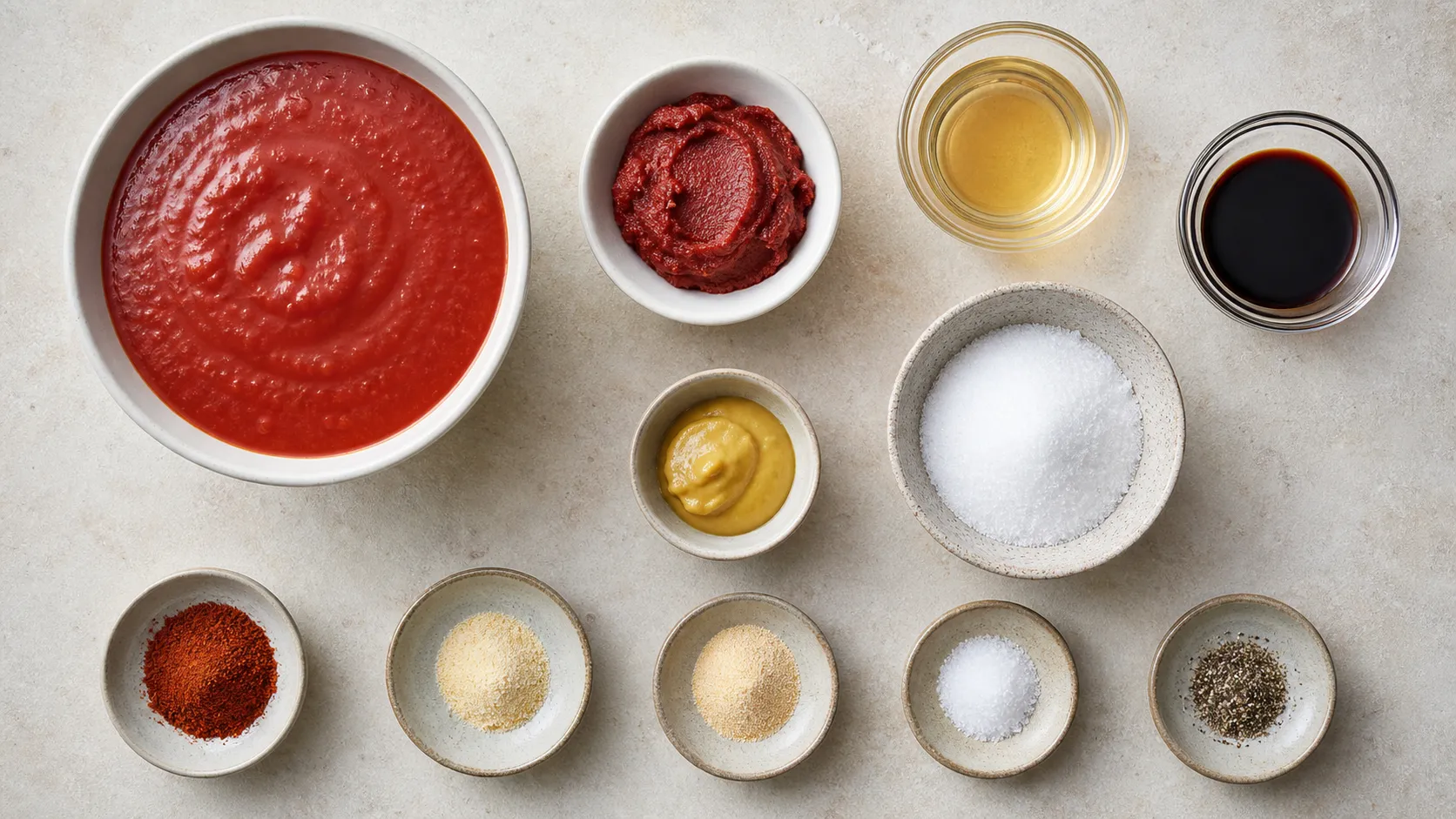 Zutaten für Keto BBQ-Sauce: passierte Tomaten, Tomatenmark, Apfelessig, geräuchertes Paprikapulver und Tamari