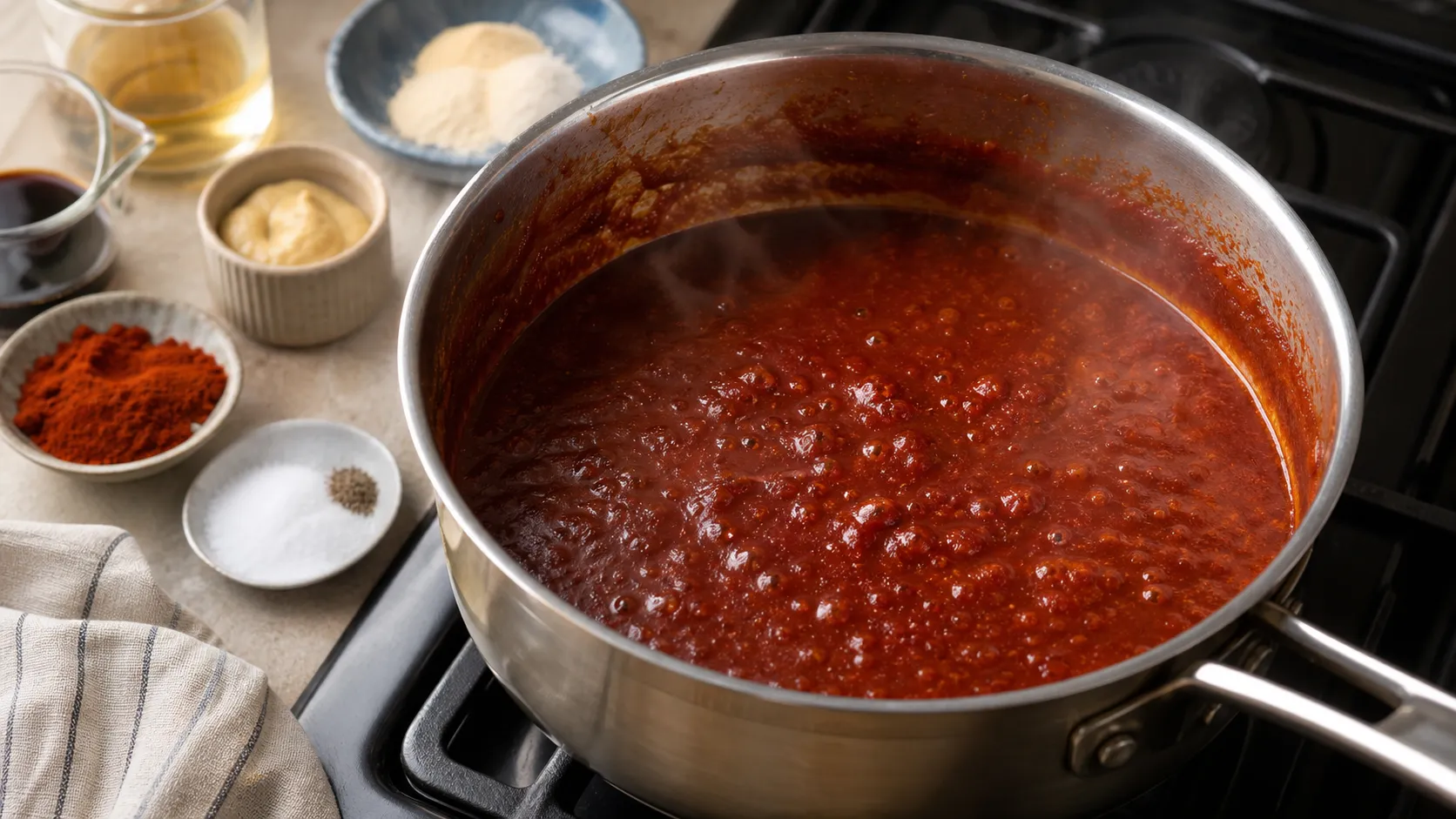 BBQ-Sauce köchelt offen im Topf und wird dabei dunkler