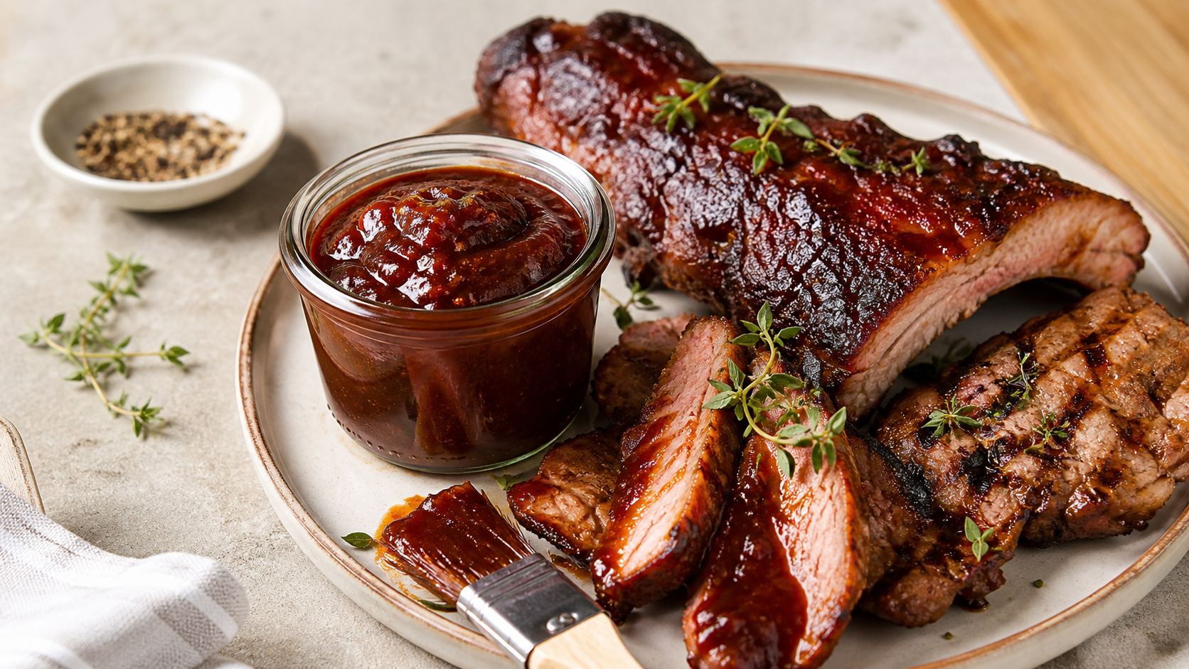 Dunkle Keto BBQ-Sauce ohne Zucker in einem Glas neben gegrilltem Fleisch