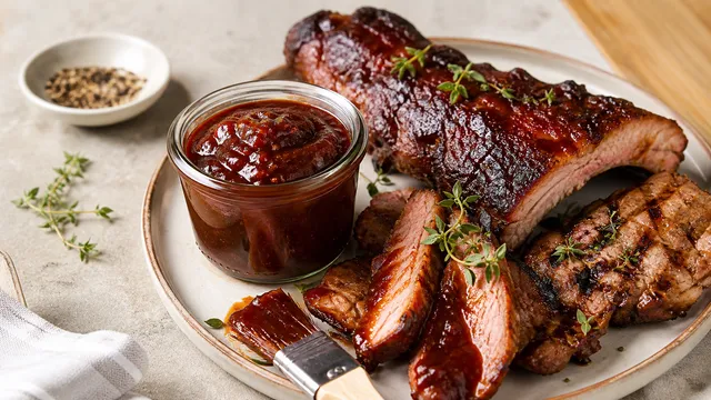 Dunkle Keto BBQ-Sauce ohne Zucker in einem Glas neben gegrilltem Fleisch