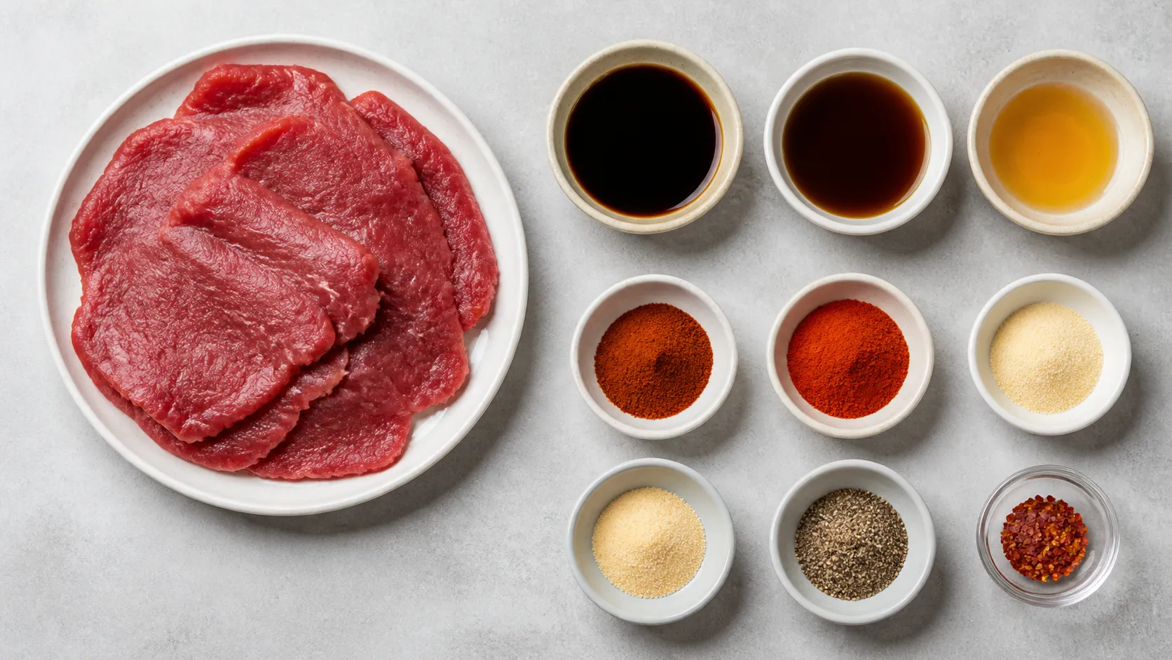 Zutaten für Keto Beef Jerky: mageres Rindfleisch in Scheiben, Sojasauce, Apfelessig, Paprikapulver und Knoblauchpulver