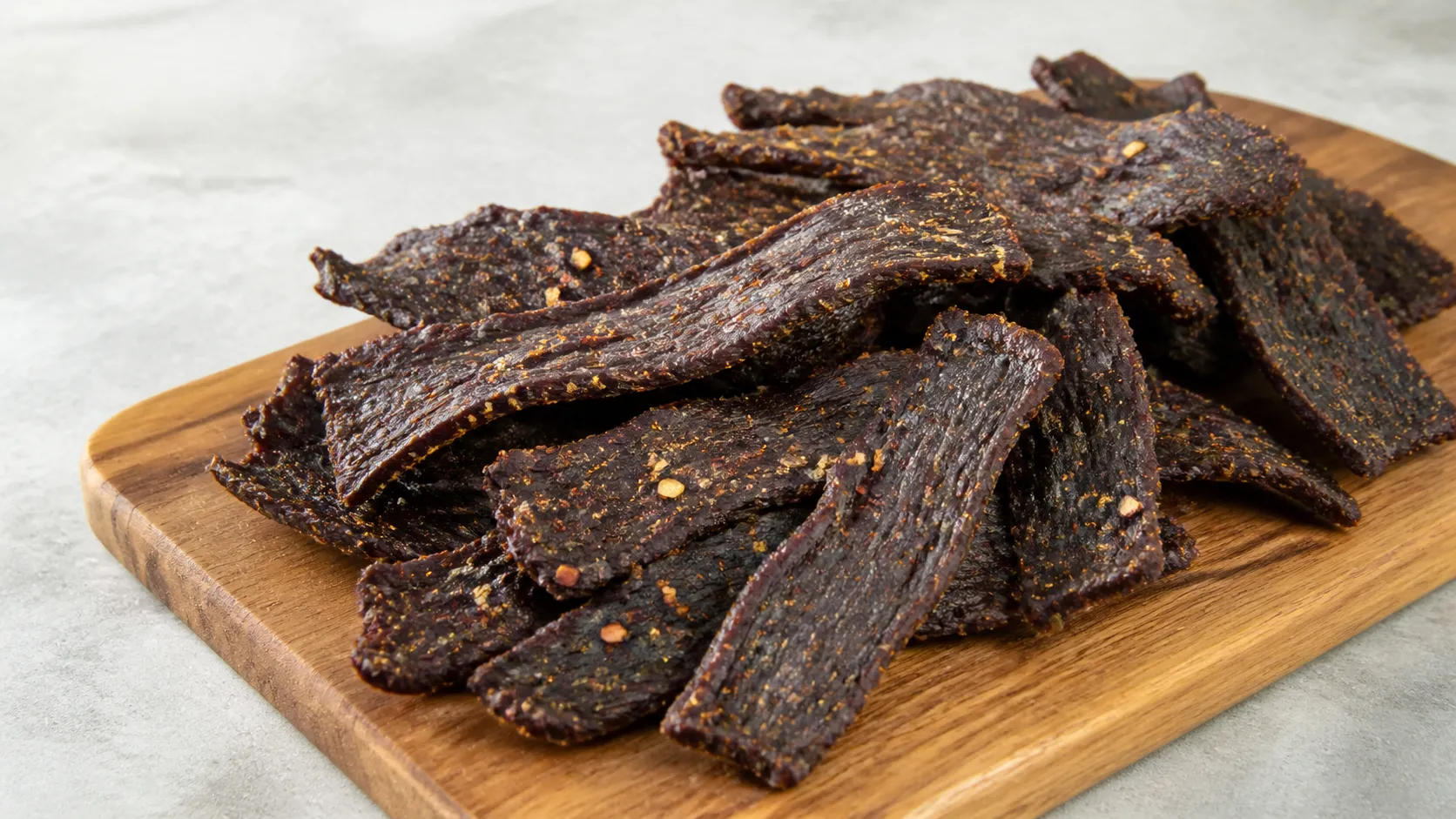 Dunkle Streifen selbst gemachtes Keto Beef Jerky auf einem Holzbrett