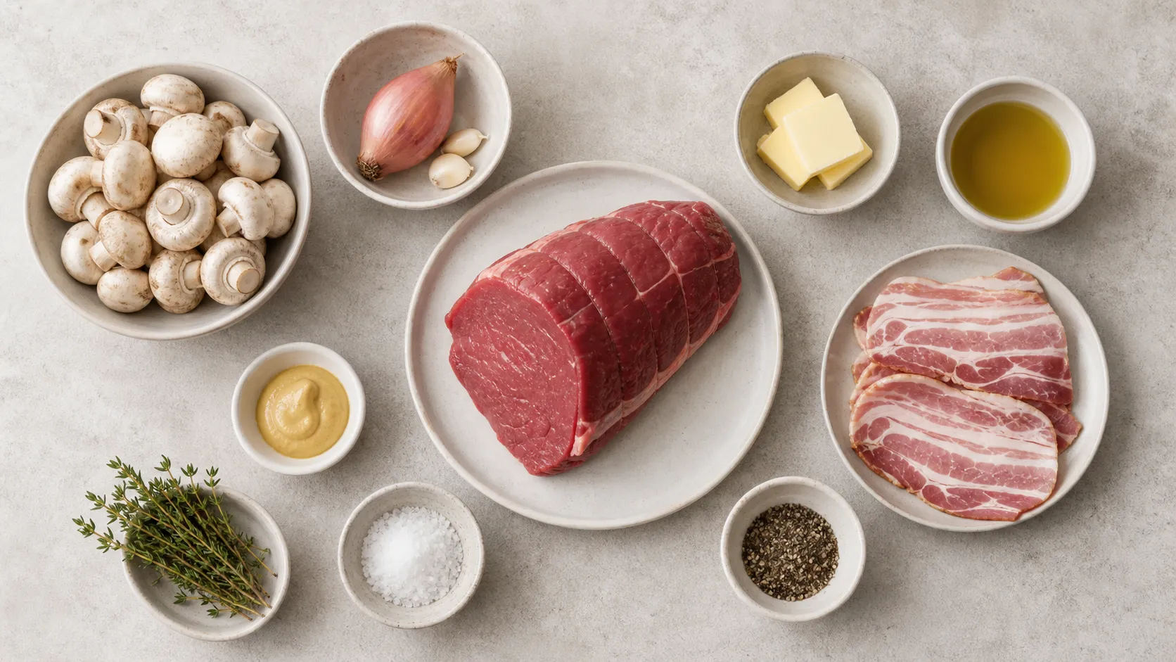 Zutaten für Keto-Beef-Wellington: Rinderfilet, Champignons, Schalotte, Knoblauch, Thymian, Senf und Speckscheiben