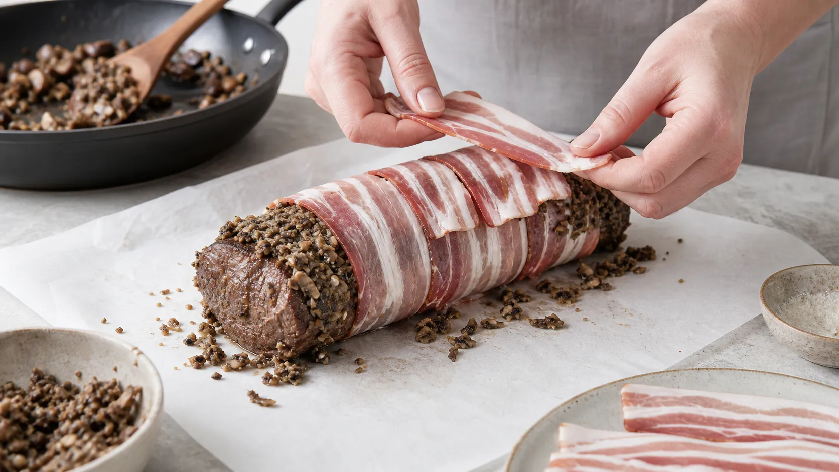 Rinderfilet wird mit Pilz-Duxelles bestrichen und in überlappende Speckscheiben gewickelt