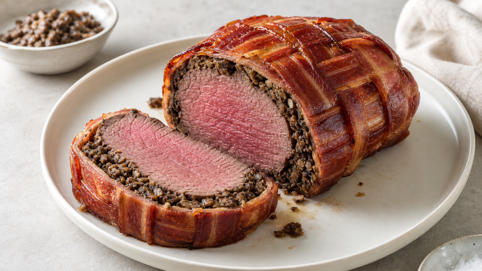 Aufgeschnittenes Keto-Beef-Wellington mit rosa Rinderfilet, dunkler Pilz-Duxelles und knusprigem Speckmantel