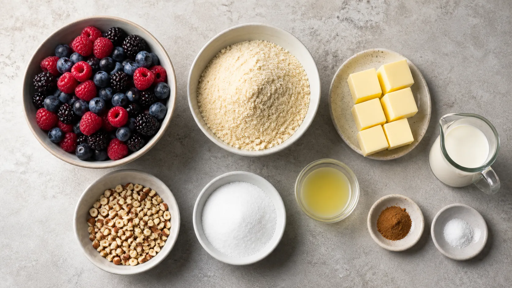 Zutaten für den Crumble: gemischte Beeren, gemahlene Mandeln, gehackte Haselnüsse, Butter, Erythrit, Zimt und Zitronensaft