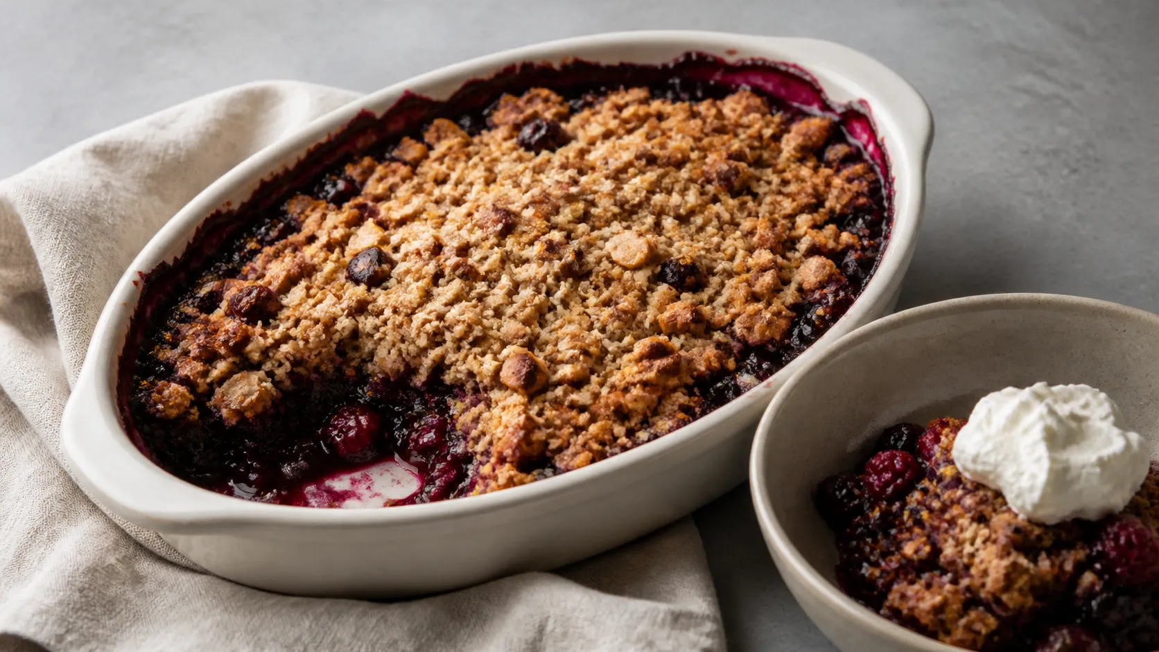 Goldbrauner Keto-Beeren-Crumble mit Mandel-Streuseln in einer Auflaufform und einer Portion mit Schlagsahne