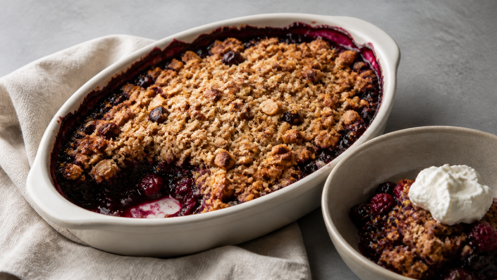 Goldbrauner Keto-Beeren-Crumble mit Mandel-Streuseln in einer Auflaufform und einer Portion mit Schlagsahne