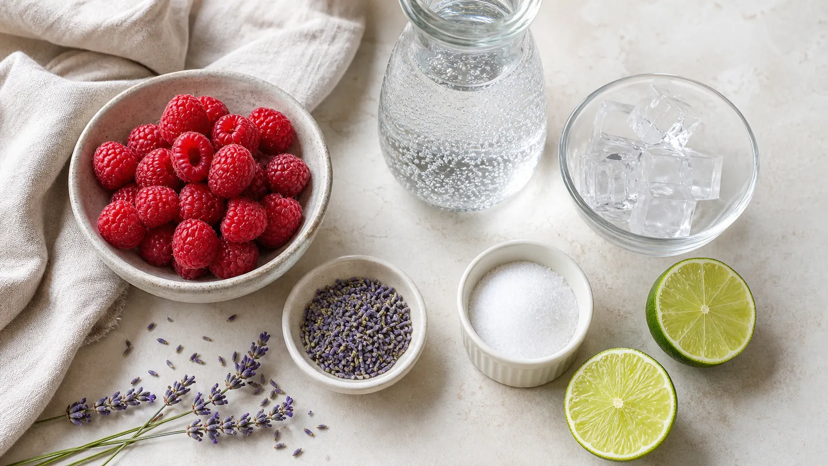 Frische Himbeeren, getrockneter Lavendel, Erythrit, Limette und Sprudelwasser für den Keto-Spritz