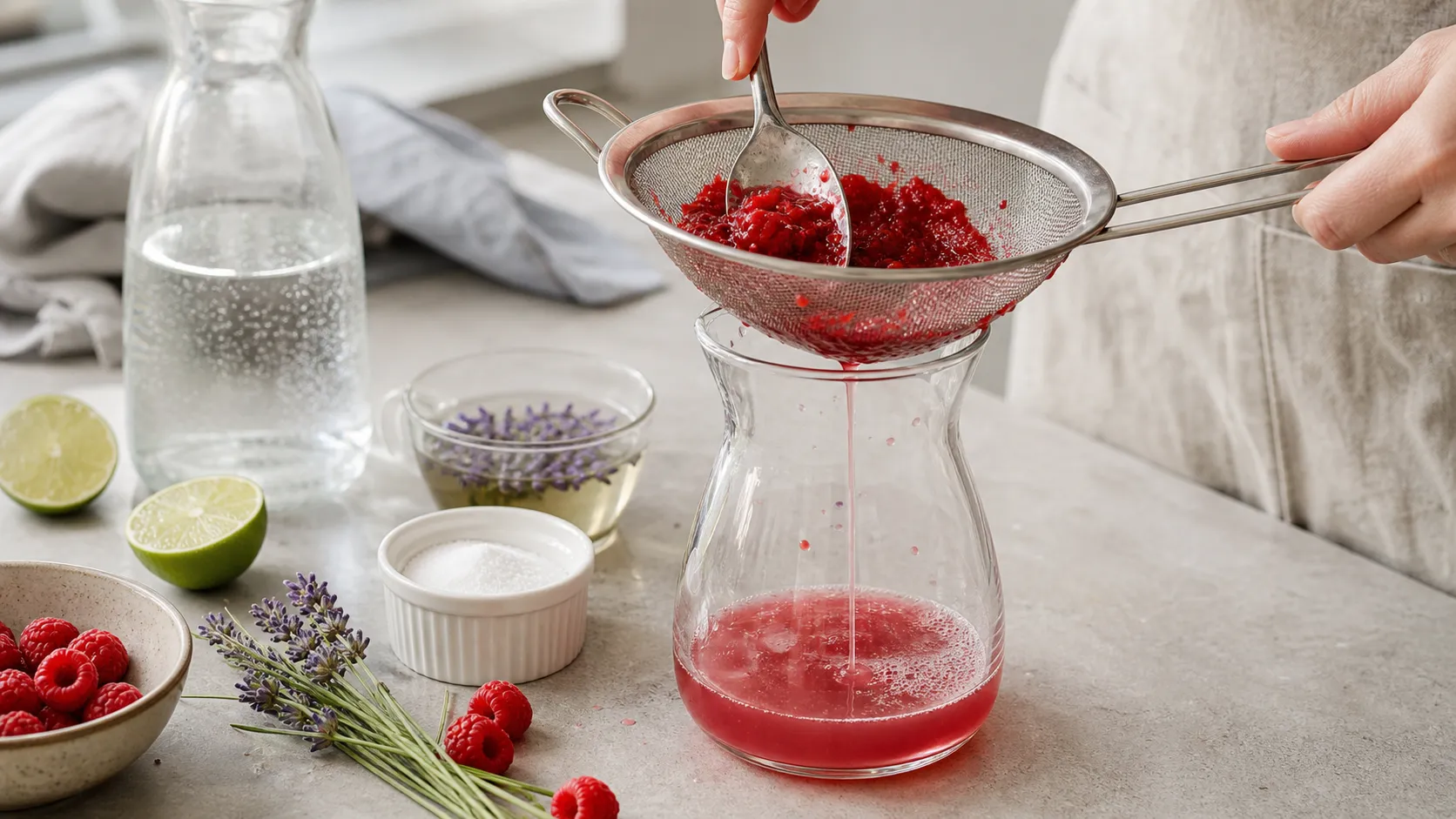Himbeeren werden durch ein feines Sieb gedrückt, um rosafarbenen Saft zu gewinnen