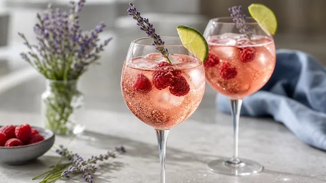 Keto Beeren-Lavendel-Spritz in einem Weinglas mit frischen Himbeeren, Lavendelblüten und Sprudel