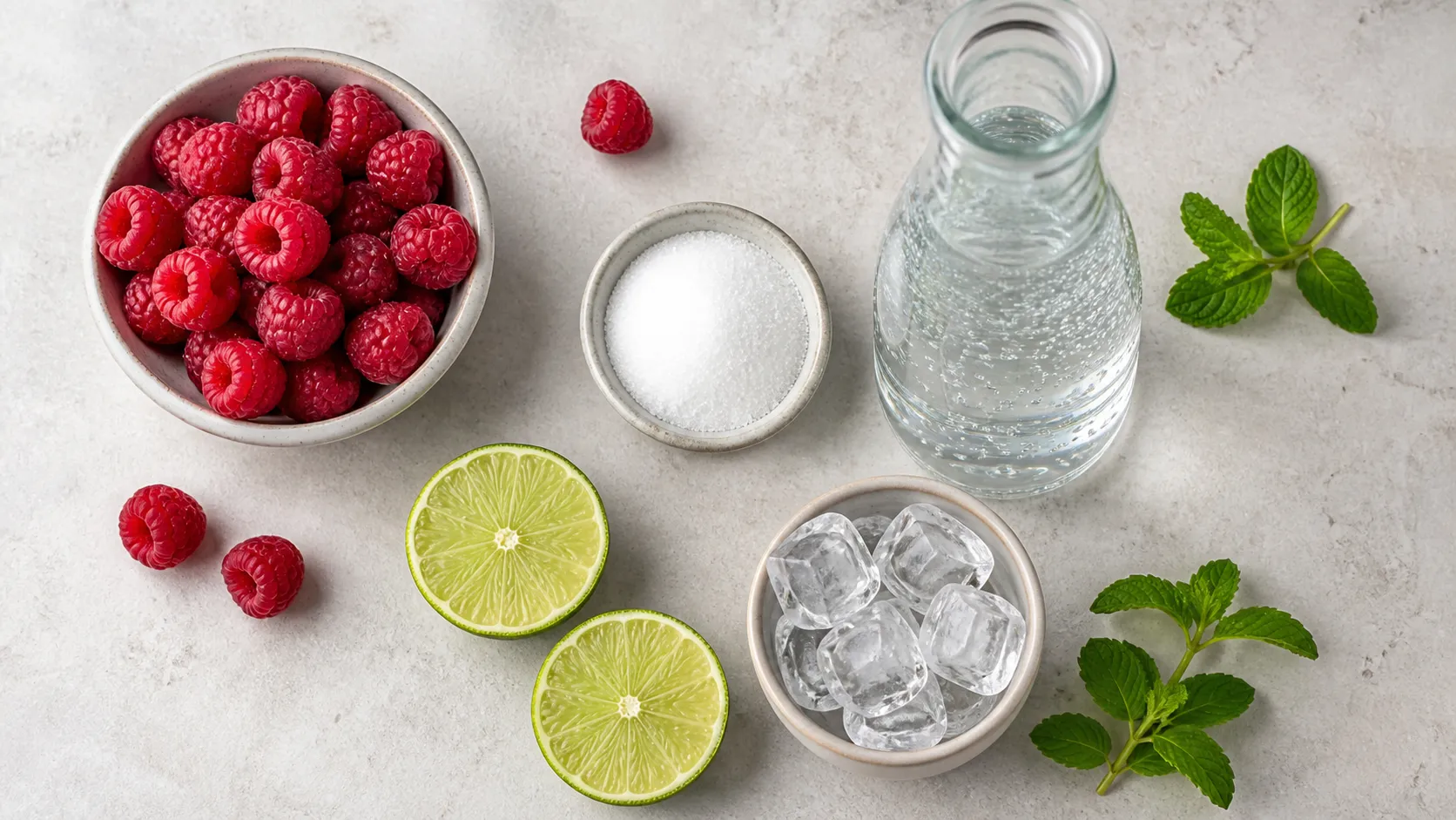 Flatlay der Zutaten für Keto-Beeren-Limetten-Limonade mit Himbeeren, Limette, Erythrit, Mineralwasser, Eis und Minze