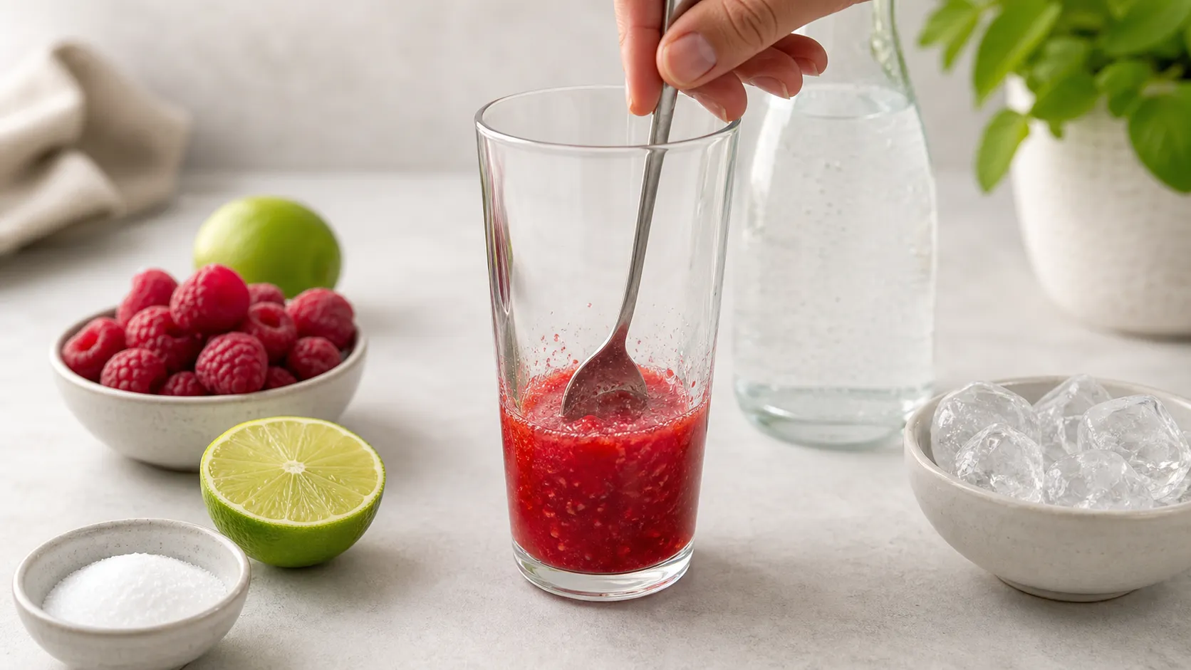 Himbeerpüree, Limettensaft und Erythrit werden für Keto-Limonade im Glas verrührt