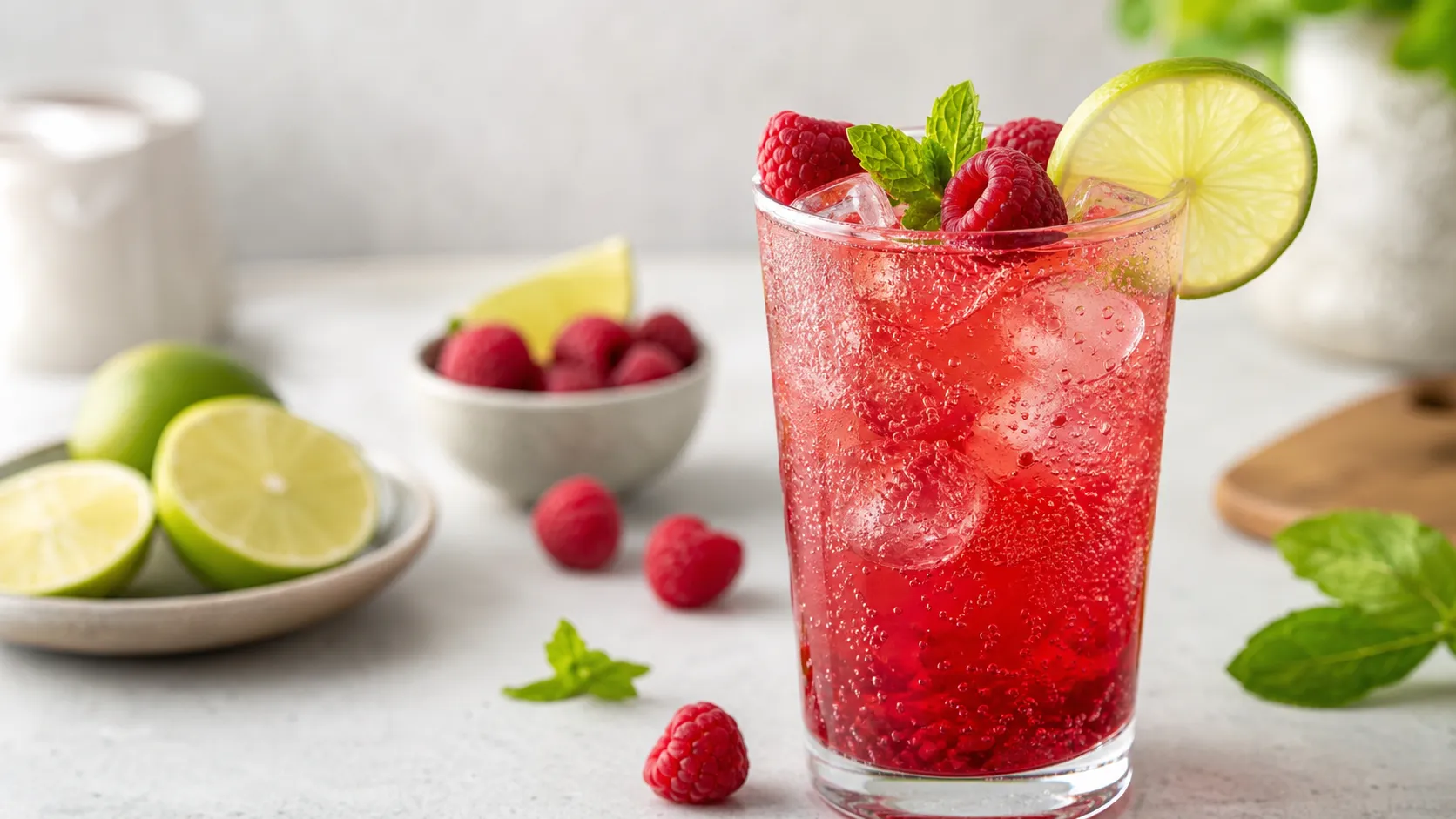 Keto-Beeren-Limetten-Limonade mit Himbeeren, Limette, Eiswürfeln und Sprudelwasser im Glas