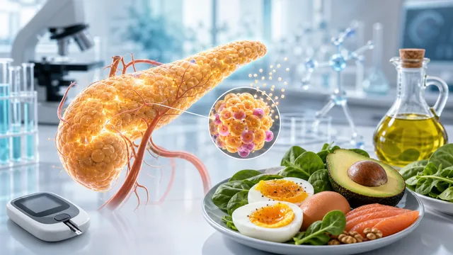 Wissenschaftliche Illustration pankreatischer Betazellen mit Insulinproduktion neben einem Teller kohlenhydratarmer Lebensmittel