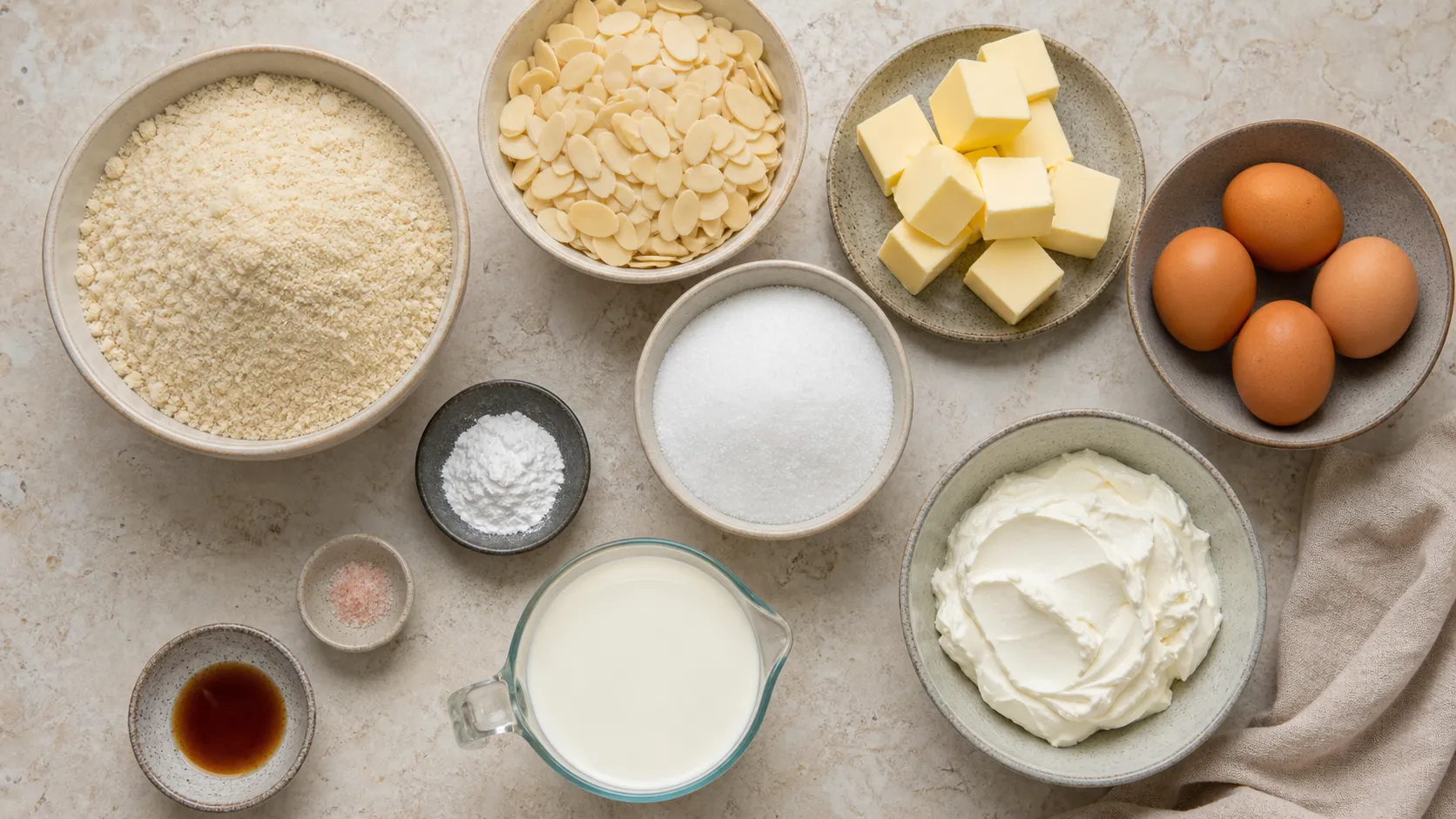 Zutaten für Keto Bienenstich: Mandelmehl, Mandelblättchen, Butter, Eier, Erythrit, Sahne und Mascarpone