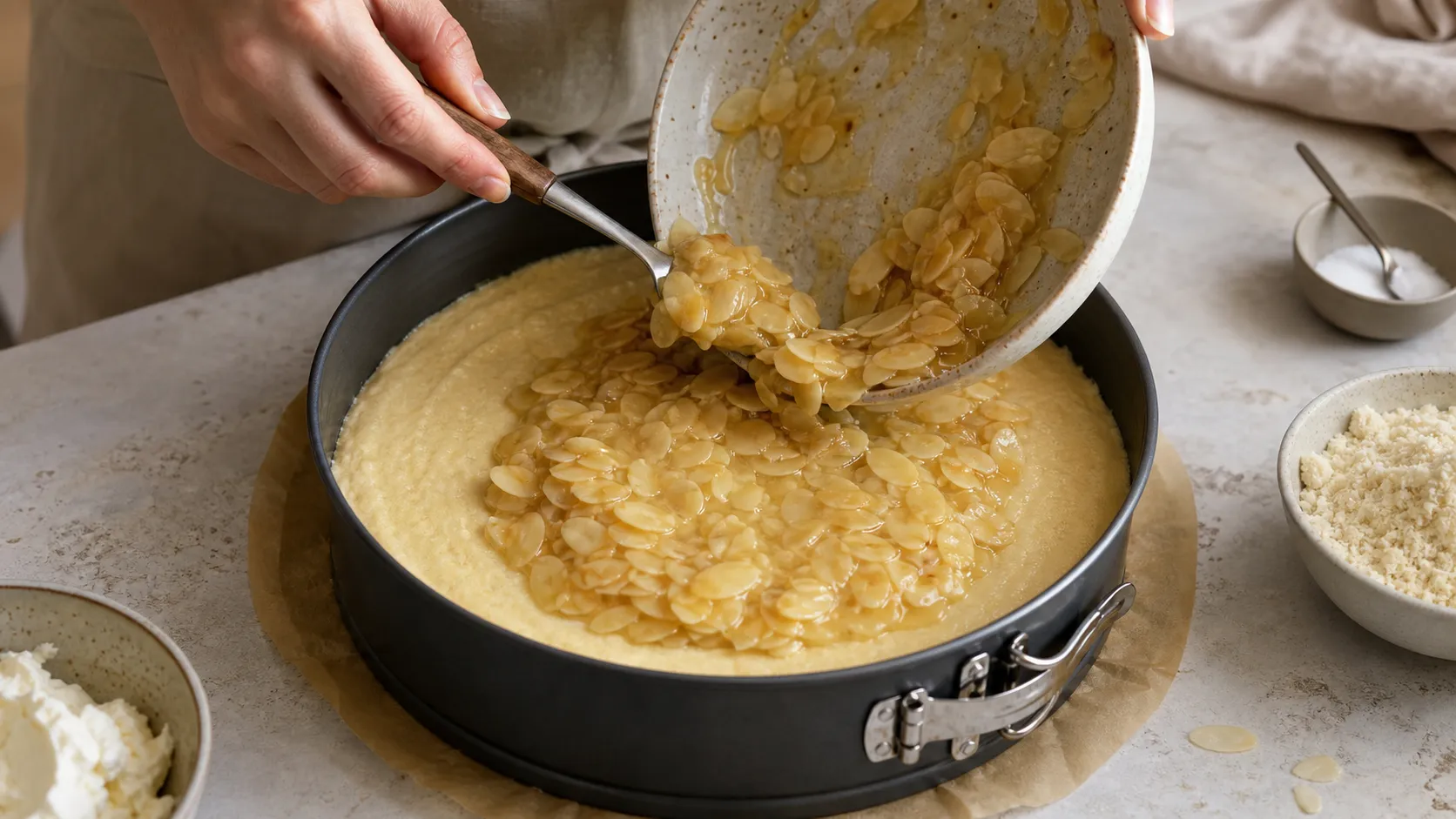 Mandelblättchen-Masse wird auf den Teig gestrichen, bevor der Kuchen gebacken wird