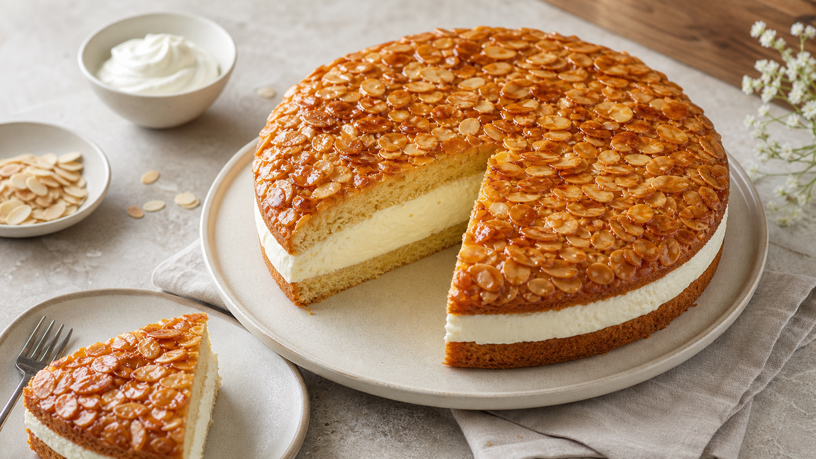 Keto Bienenstich mit goldbrauner Mandelkruste und Sahnecreme-Füllung