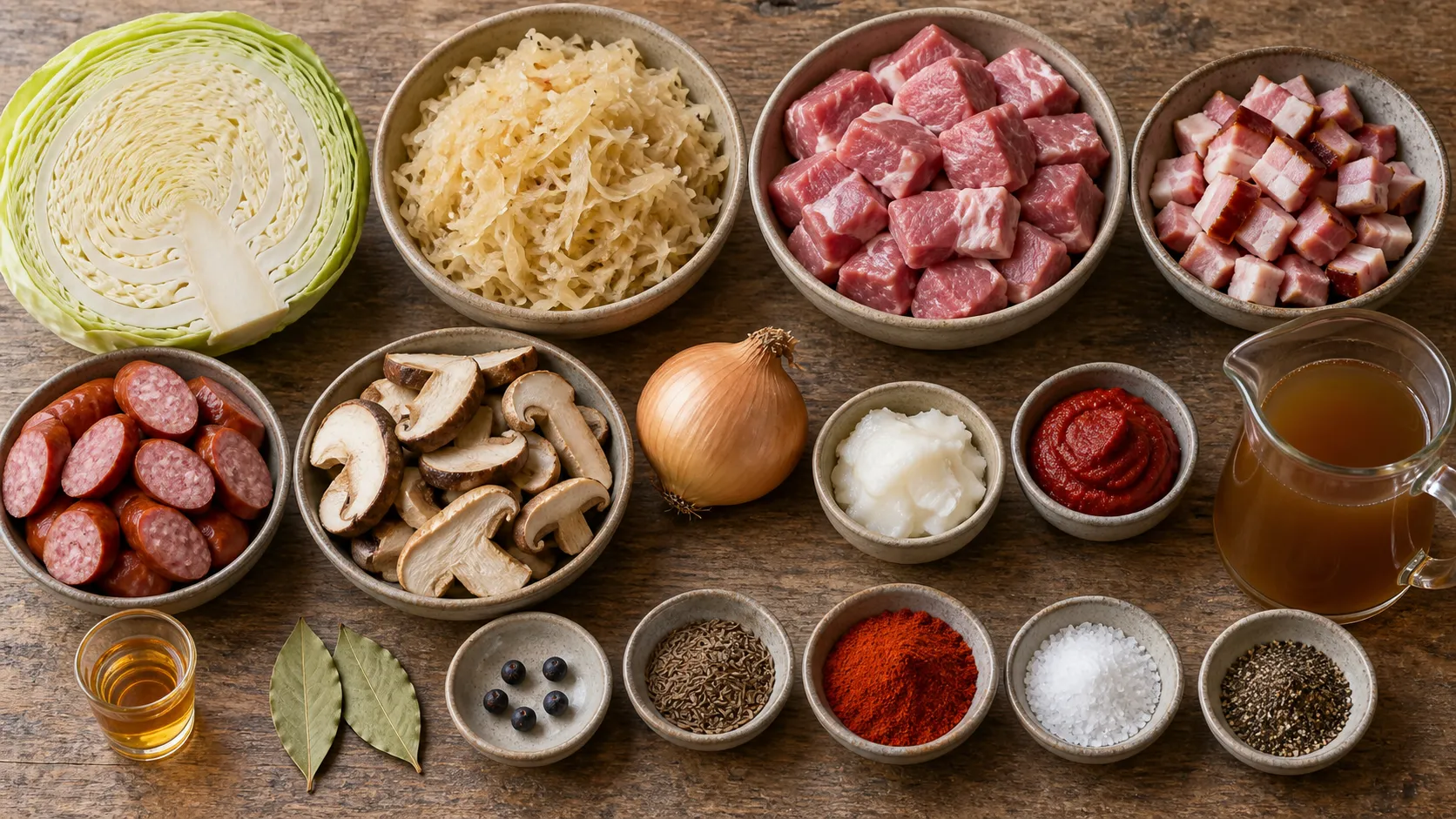 Zutaten für Keto-Bigos: Weißkohl, Sauerkraut, Schweinenacken, Speck, Mettenden, Steinpilze und Gewürze
