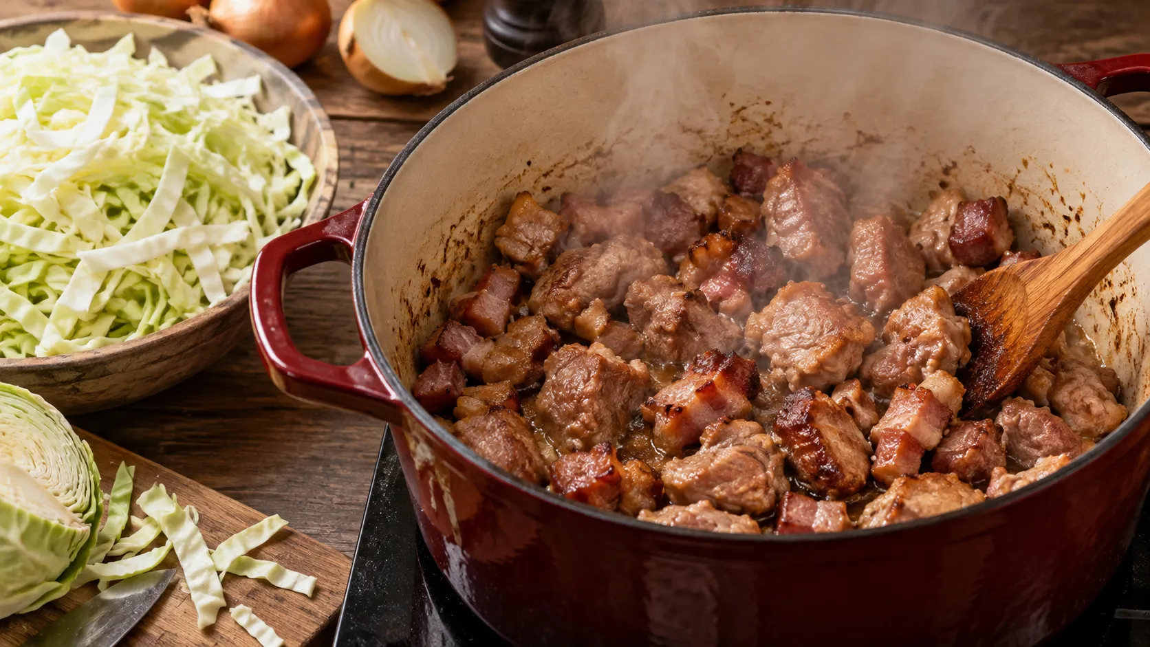 Fleischwürfel und Speck braten im Schmortopf an, daneben der geschnittene Weißkohl