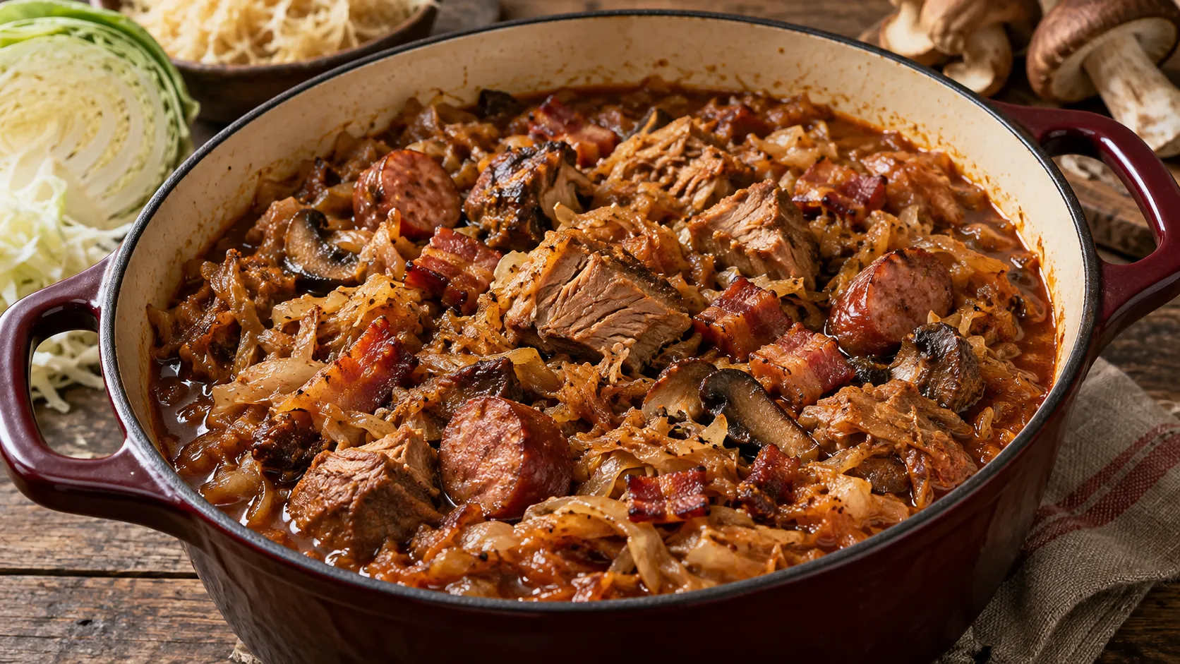Keto-Bigos im Schmortopf mit Weißkohl, Sauerkraut, Fleischstücken und Steinpilzen