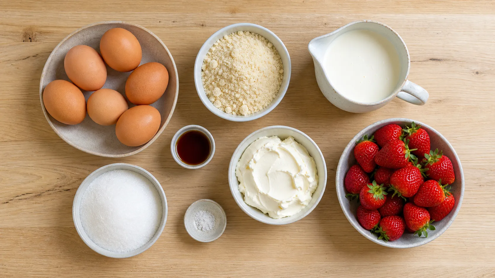 Zutaten für Keto Biskuitrolle: Eier, Mandelmehl, Erythrit, Sahne und Erdbeeren