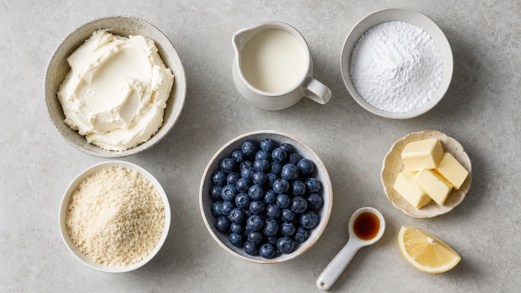 Zutaten: Frischkäse, Sahne, Erythrit, Blaubeeren, Mandelmehl und Butter