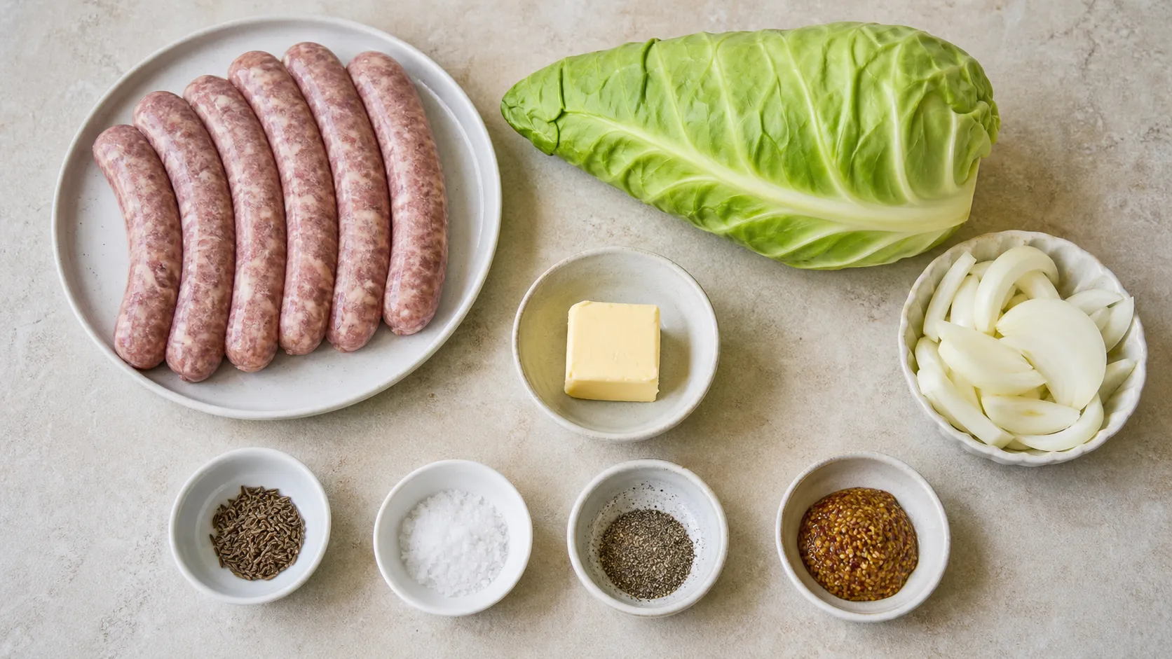 Zutaten für das Keto Bratwurst-Blech: Bratwürste, Spitzkohl, Zwiebeln, Kümmel und Butter