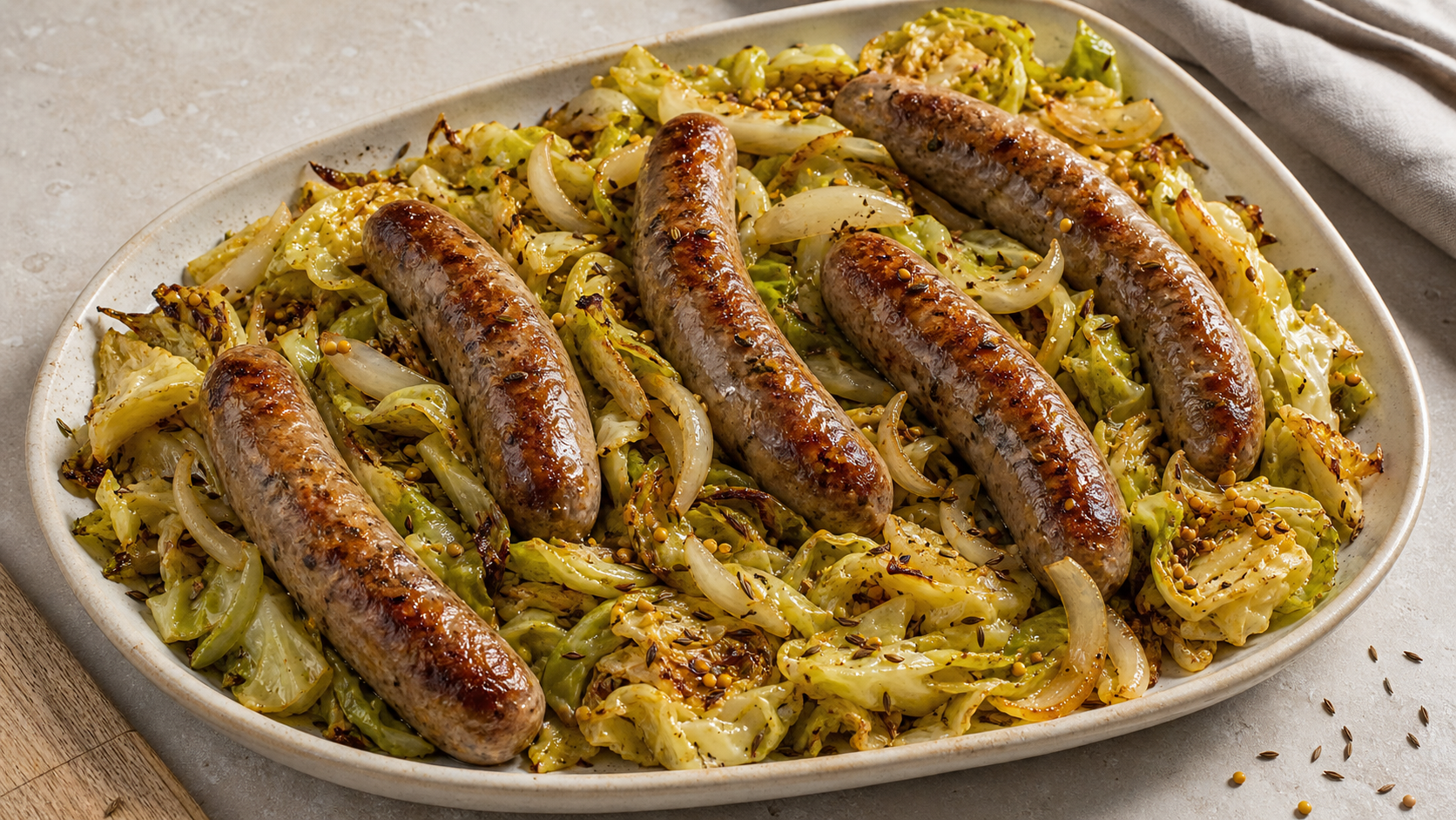 Keto Blech-Bratwurst mit geröstetem Spitzkohl und Zwiebeln