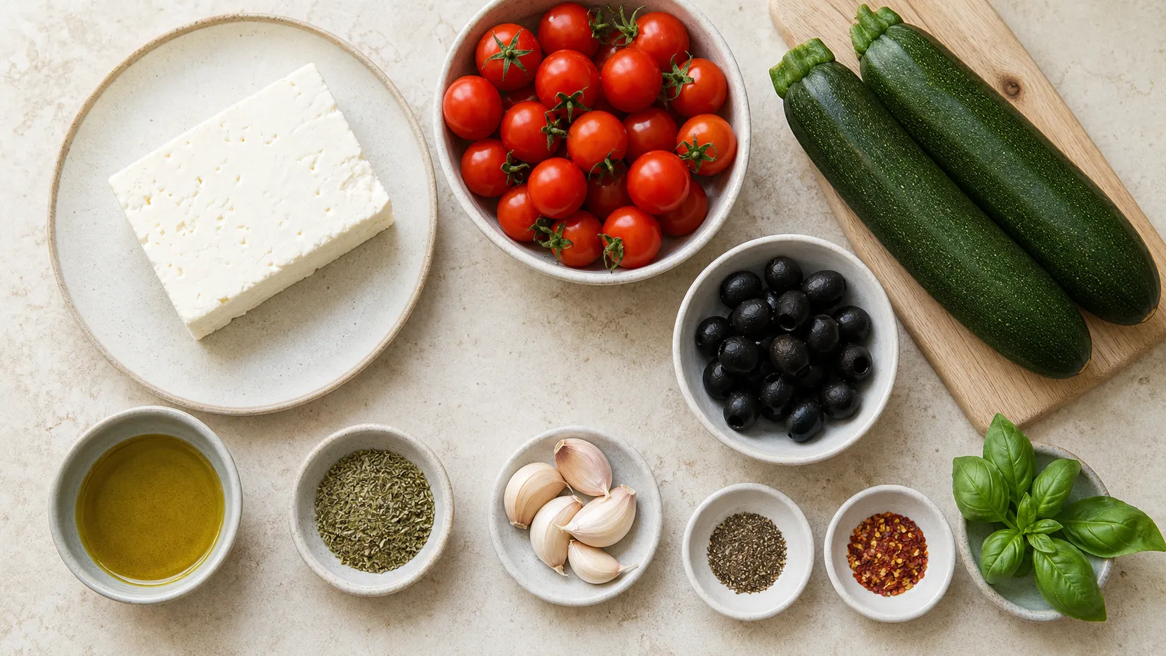 Zutaten für das Keto Feta-Blech: Feta-Käse, Cherry-Tomaten, Zucchini, Oliven, Olivenöl und Oregano