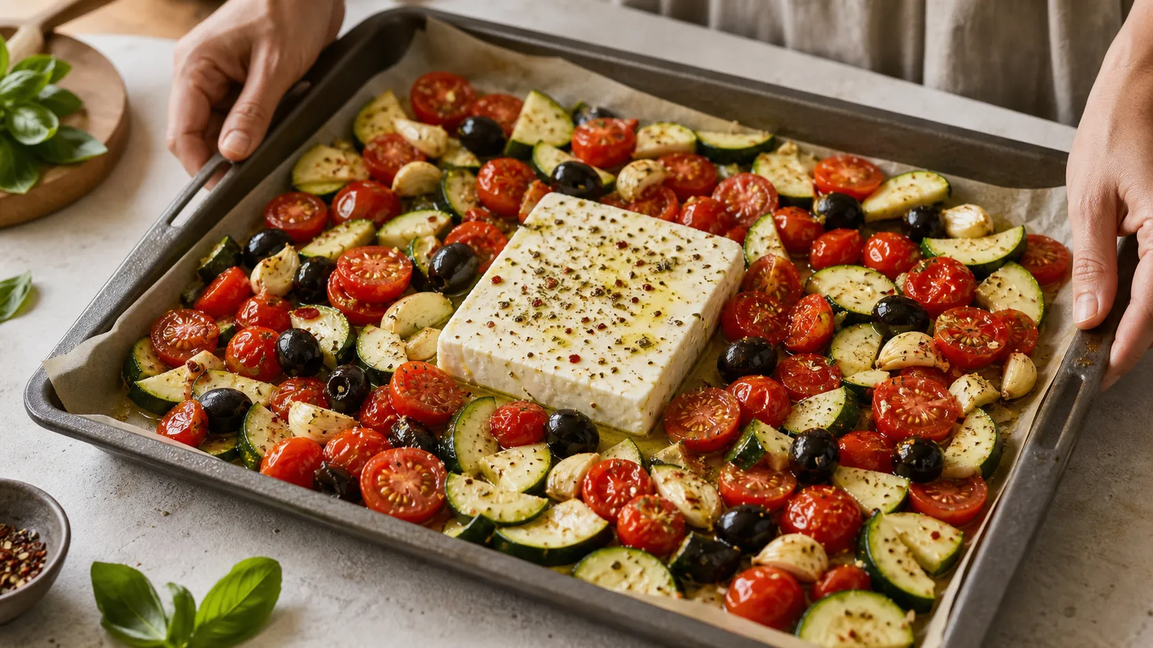 Ein Block Feta-Käse liegt in der Mitte des Blechs, umgeben von Gemüse