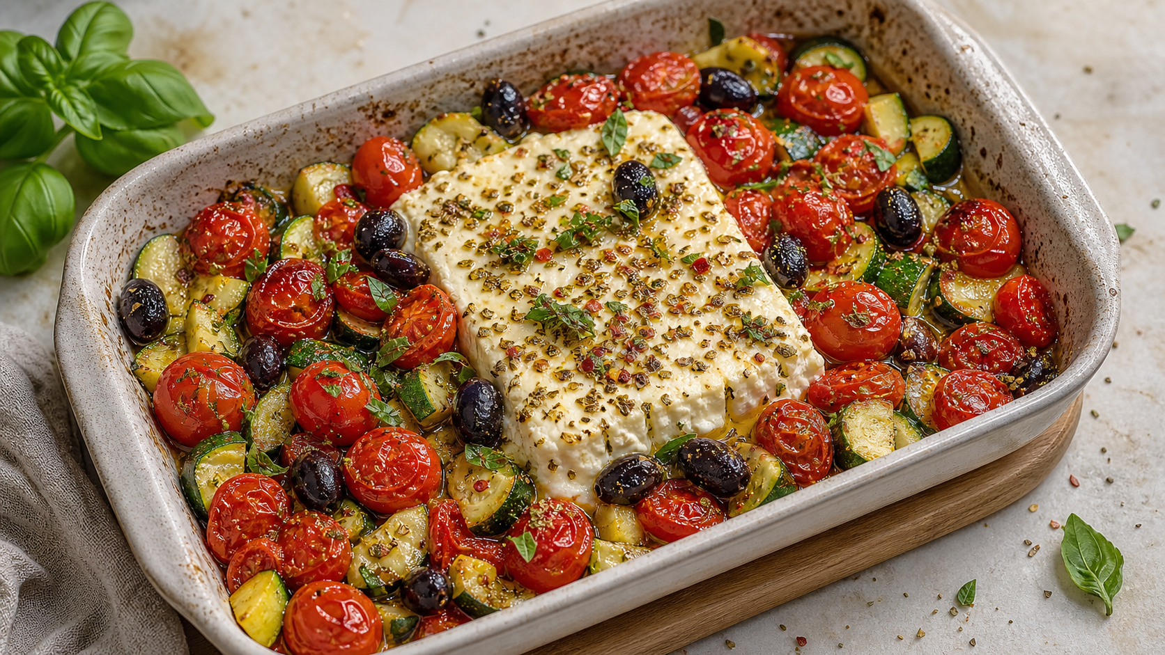 Keto Feta-Blech mit geschmolzenem Feta-Käse, Cherry-Tomaten und Zucchini