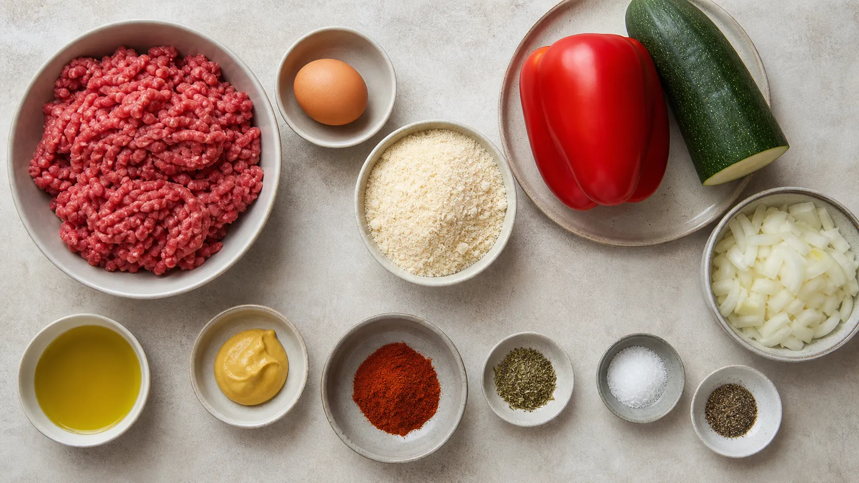 Zutaten für das Keto Frikadellen-Blech: Rinderhackfleisch, Ei, Mandelmehl, Paprika, Zwiebeln und Majoran