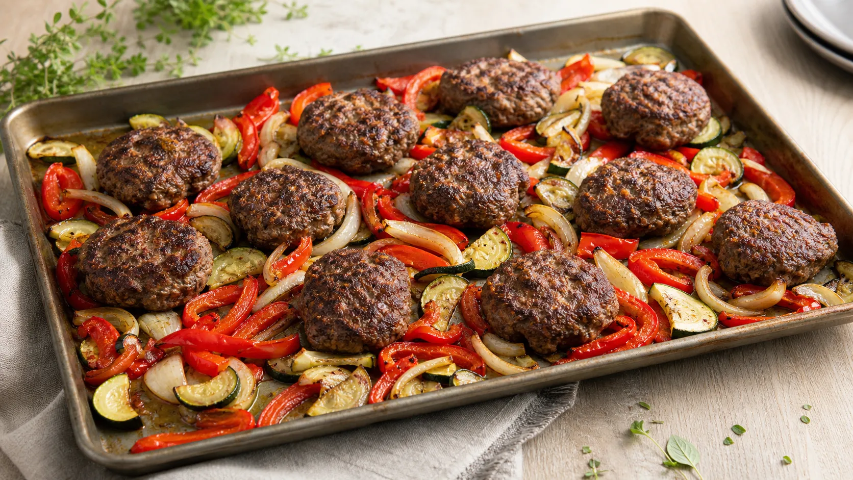 Keto Frikadellen auf einem Blech mit gerösteter Paprika und Zwiebeln