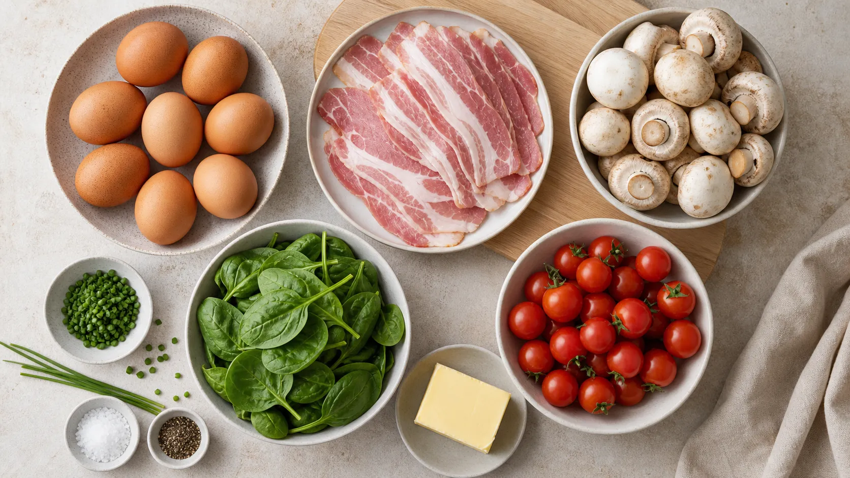 Zutaten für das Keto Frühstücks-Blech: Eier, Speck, Champignons, Cherry-Tomaten, Spinat und Butter