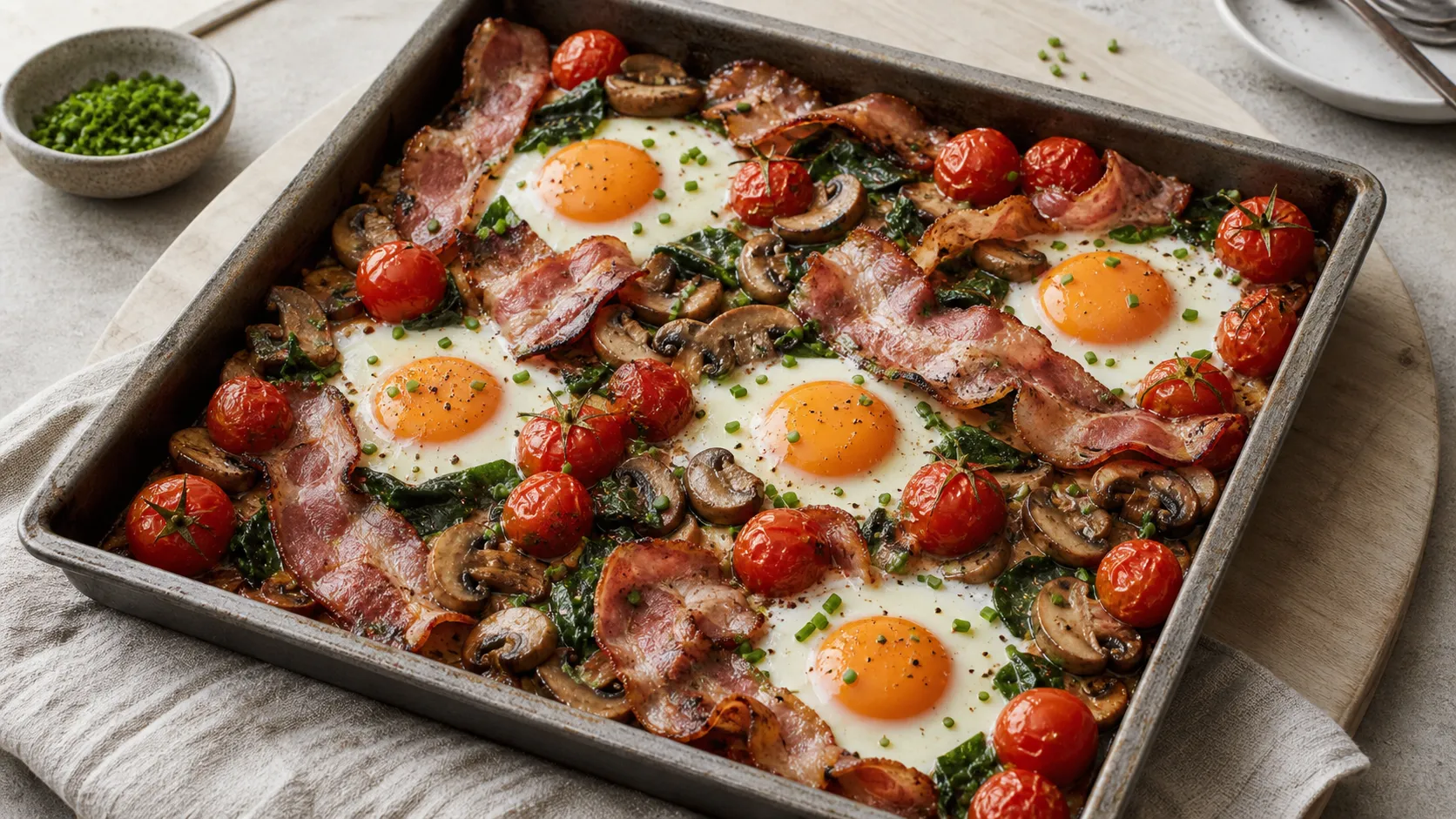 Keto Frühstücks-Blech mit Spiegeleiern, Speck, Champignons und Cherry-Tomaten