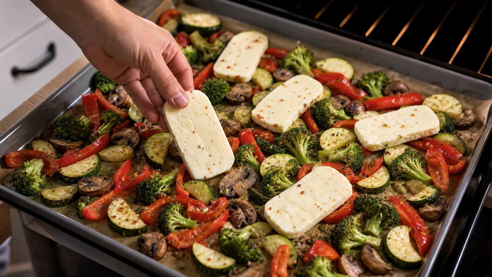 Halloumi-Scheiben werden nach der Hälfte der Backzeit auf das Gemüse gelegt