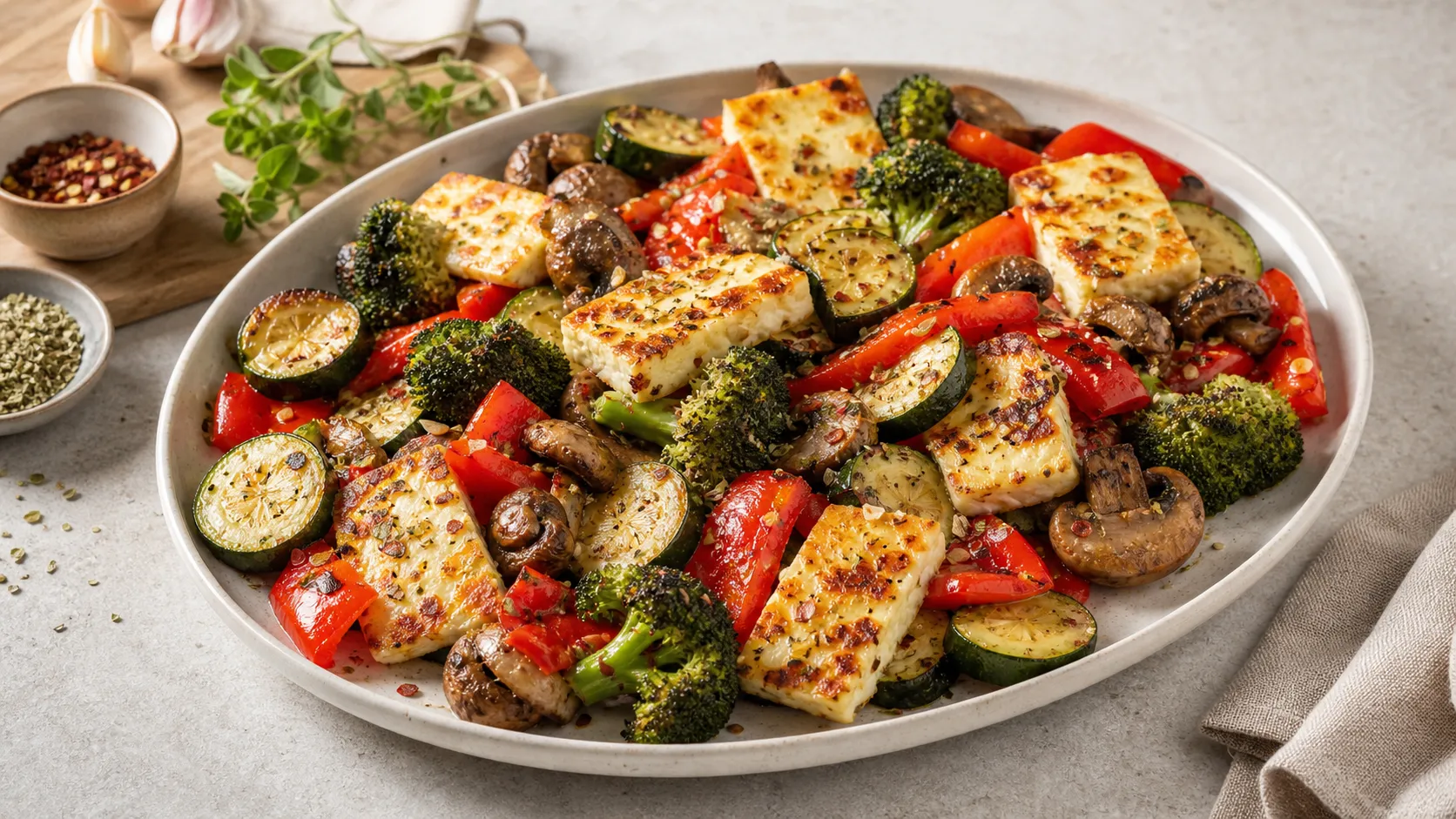 Keto Gemüse-Blech mit goldbraunem Halloumi, Zucchini, Paprika und Champignons