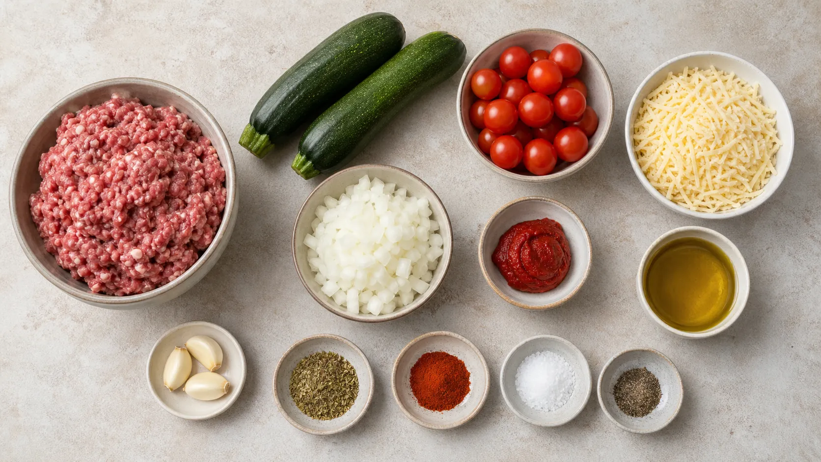 Zutaten für das Keto Hackfleisch-Zucchini-Blech: Hackfleisch, Zucchini, Cherry-Tomaten, Käse und Gewürze