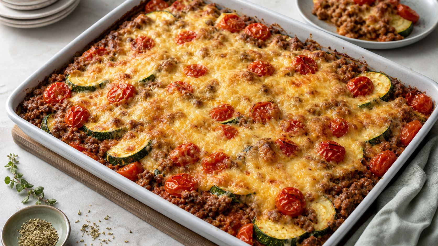 Keto Hackfleisch-Zucchini-Blech mit goldbrauner Käsekruste
