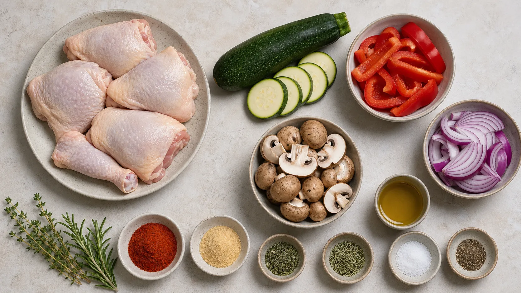 Zutaten für das Keto Blechgericht: Hähnchenschenkel, Zucchini, Paprika, Zwiebeln, Champignons und Kräuter