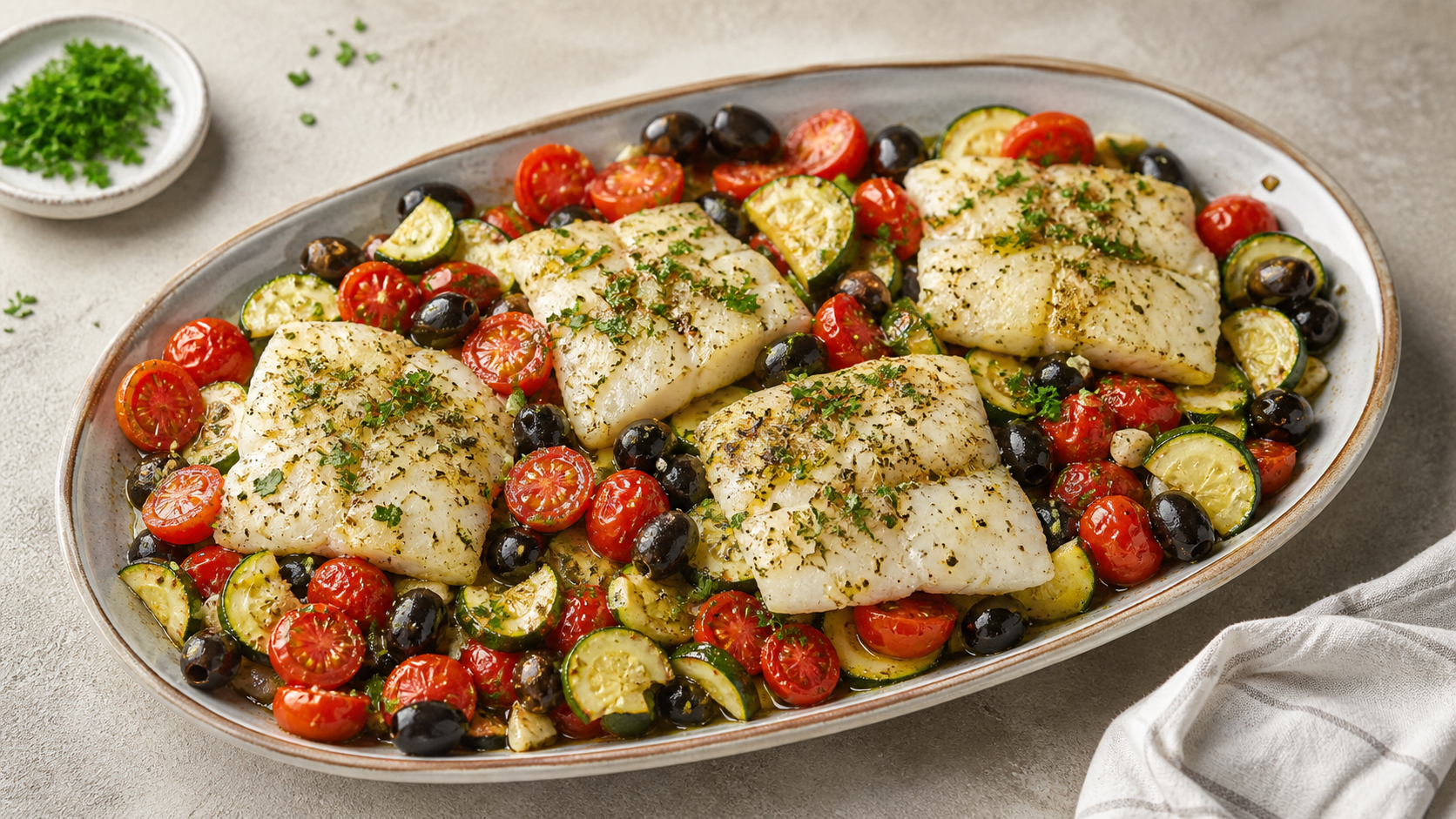 Keto Fisch-Blech mit Kabeljaufilets, schwarzen Oliven und Cherry-Tomaten