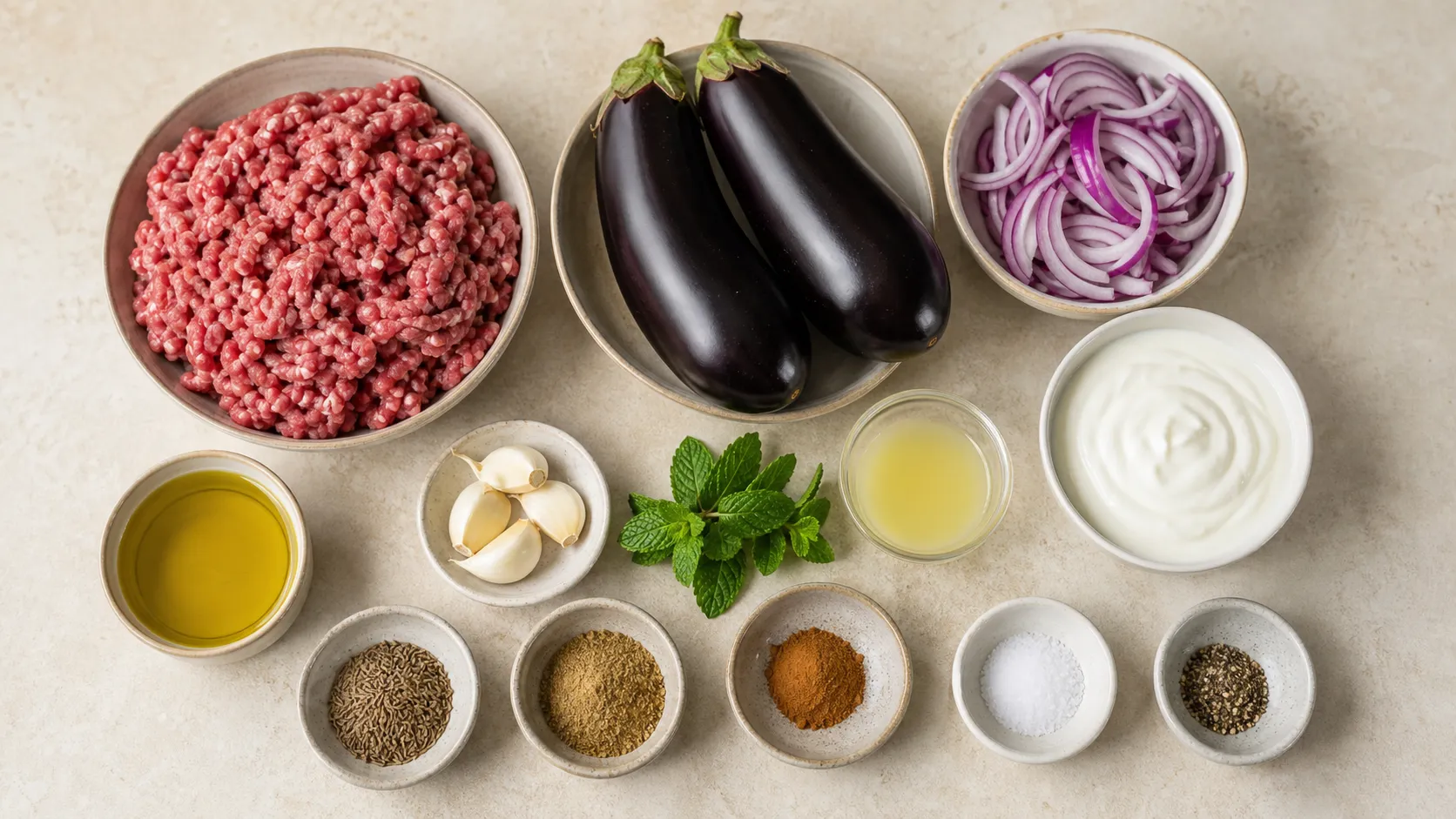 Zutaten für das Keto Lammhack-Blech: Lammhackfleisch, Auberginen, Zwiebeln, Kreuzkümmel, Zimt und Joghurt